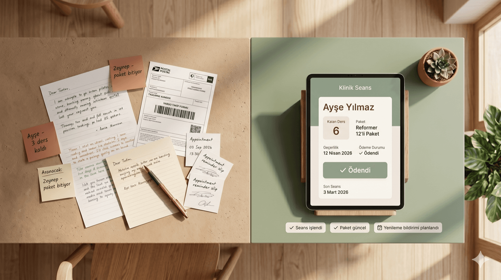 Kağıt notların yanında tablette danışan paket kartı