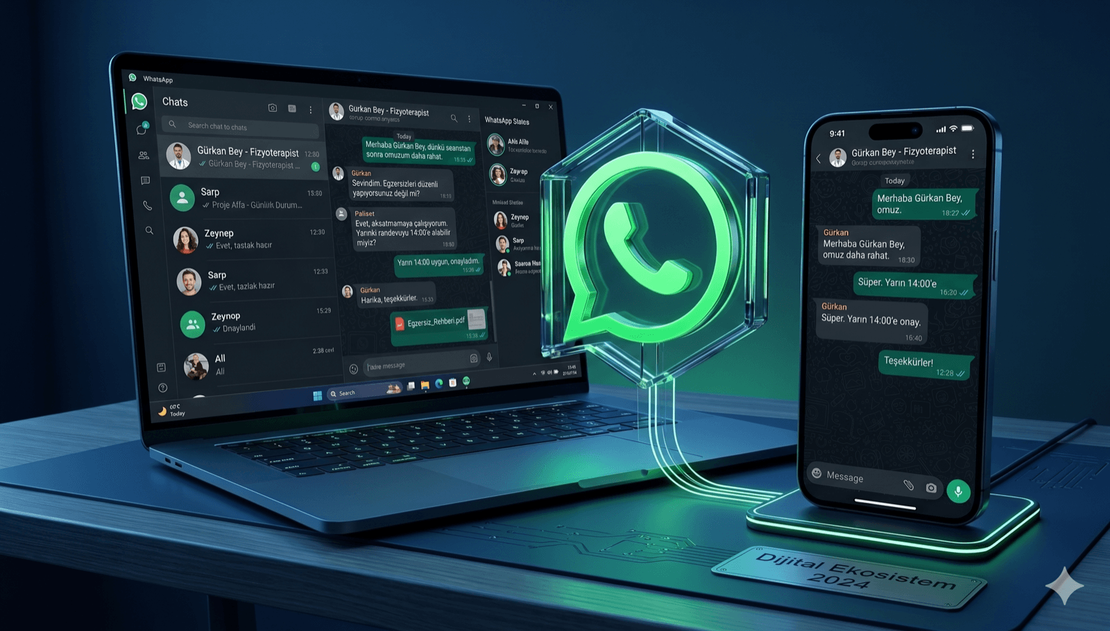 Dizüstü bilgisayar ve telefonda WhatsApp mesajlaşma ekranları